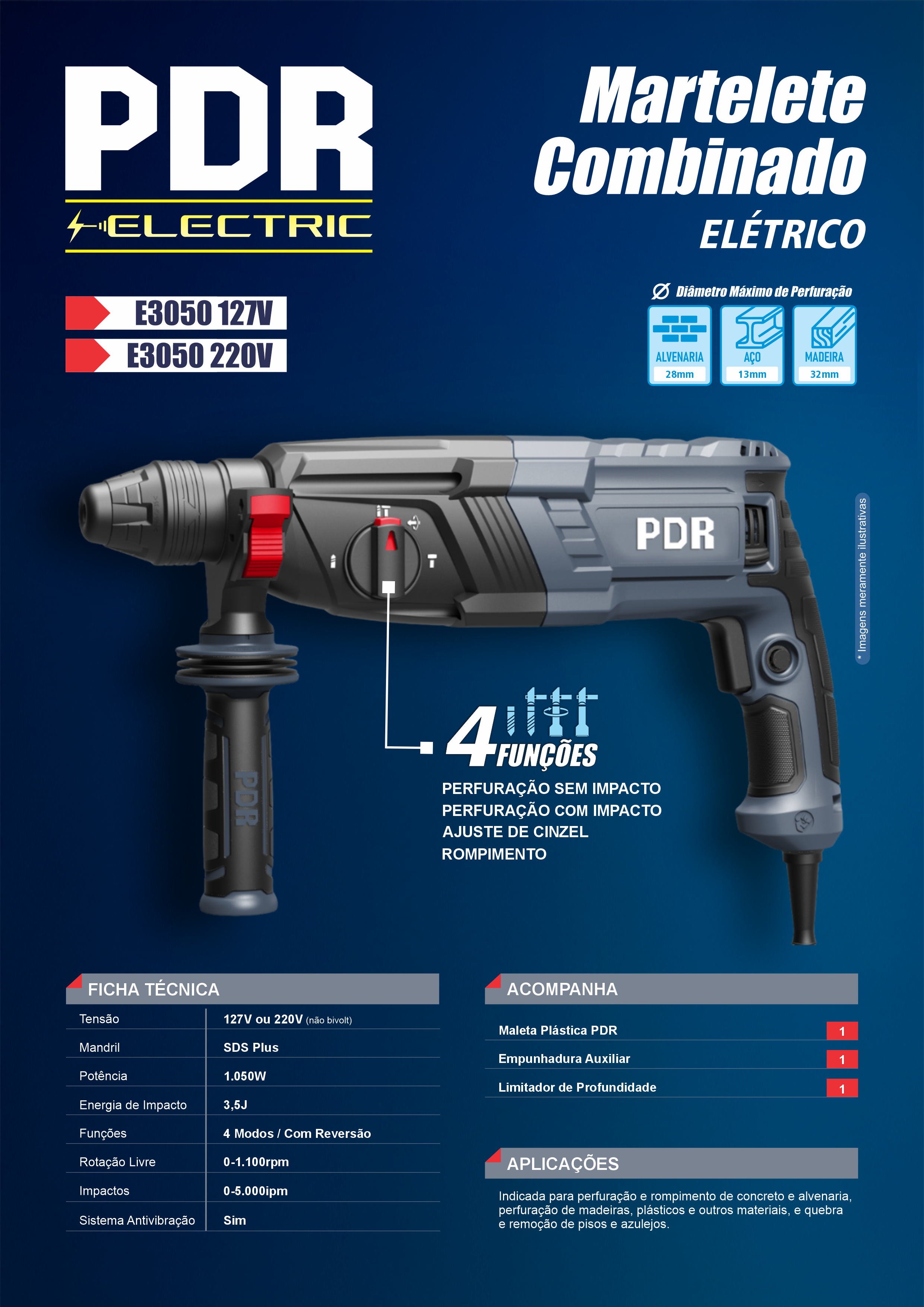 Martelete Combinado Elétrico SDS Plus E3050 — 1.050W, 3,5J, 5.000 ipm