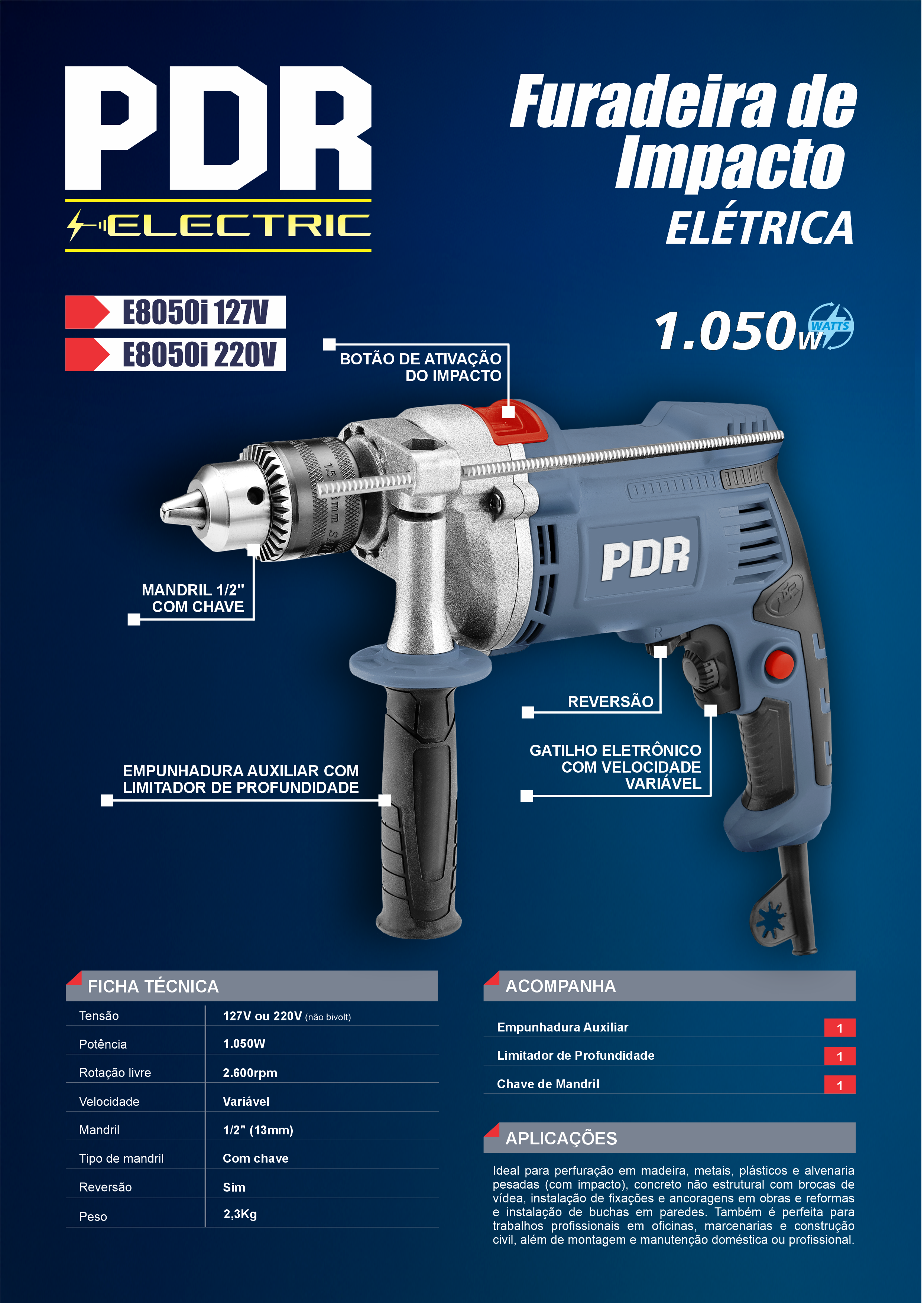 Furadeira de Impacto Elétrica E8050i — 1.050W, 2.600 rpm, Mandril 1/2"