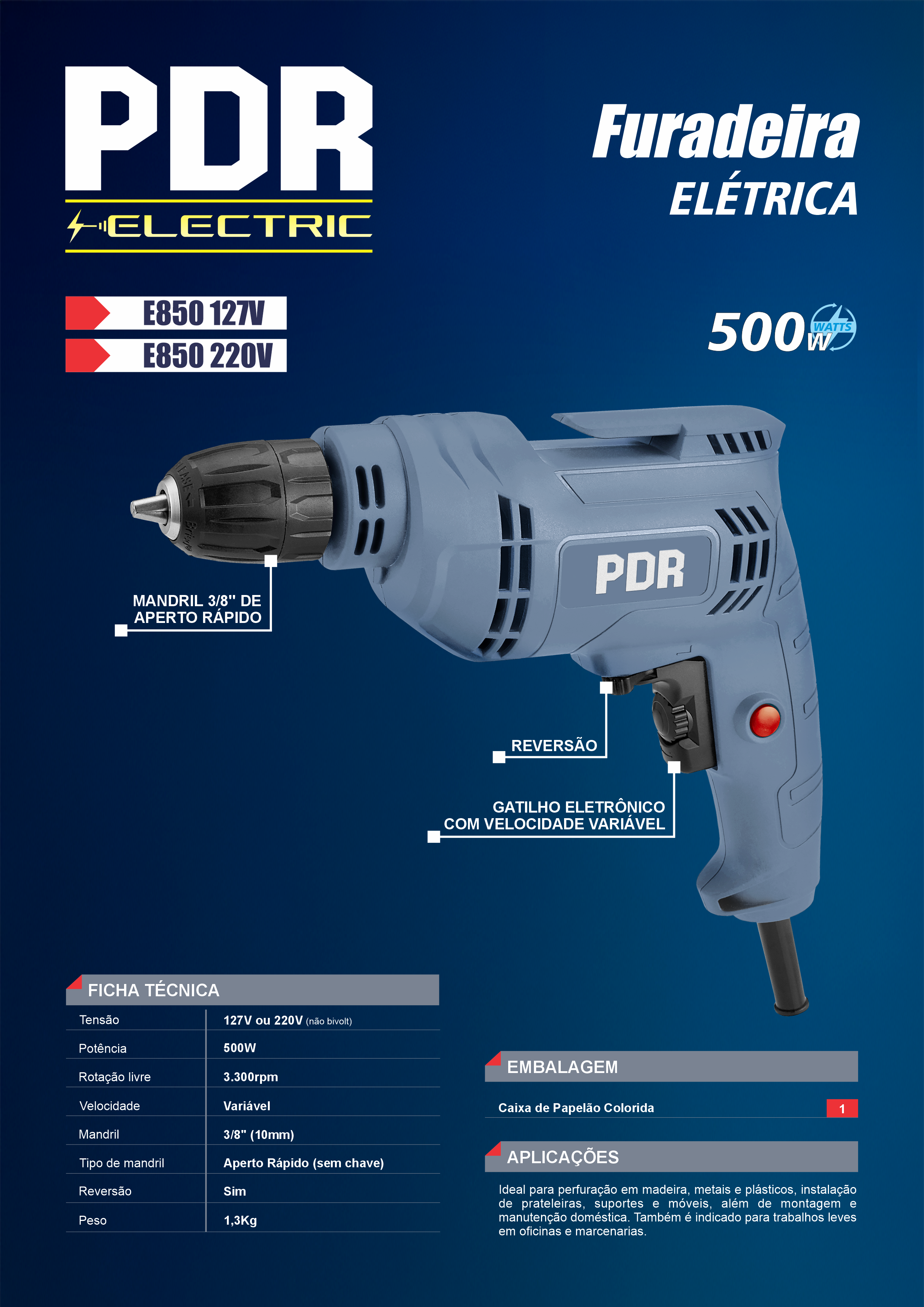 Furadeira Elétrica E850 — 500W, 3.300 rpm, Mandril 3/8", Reversão