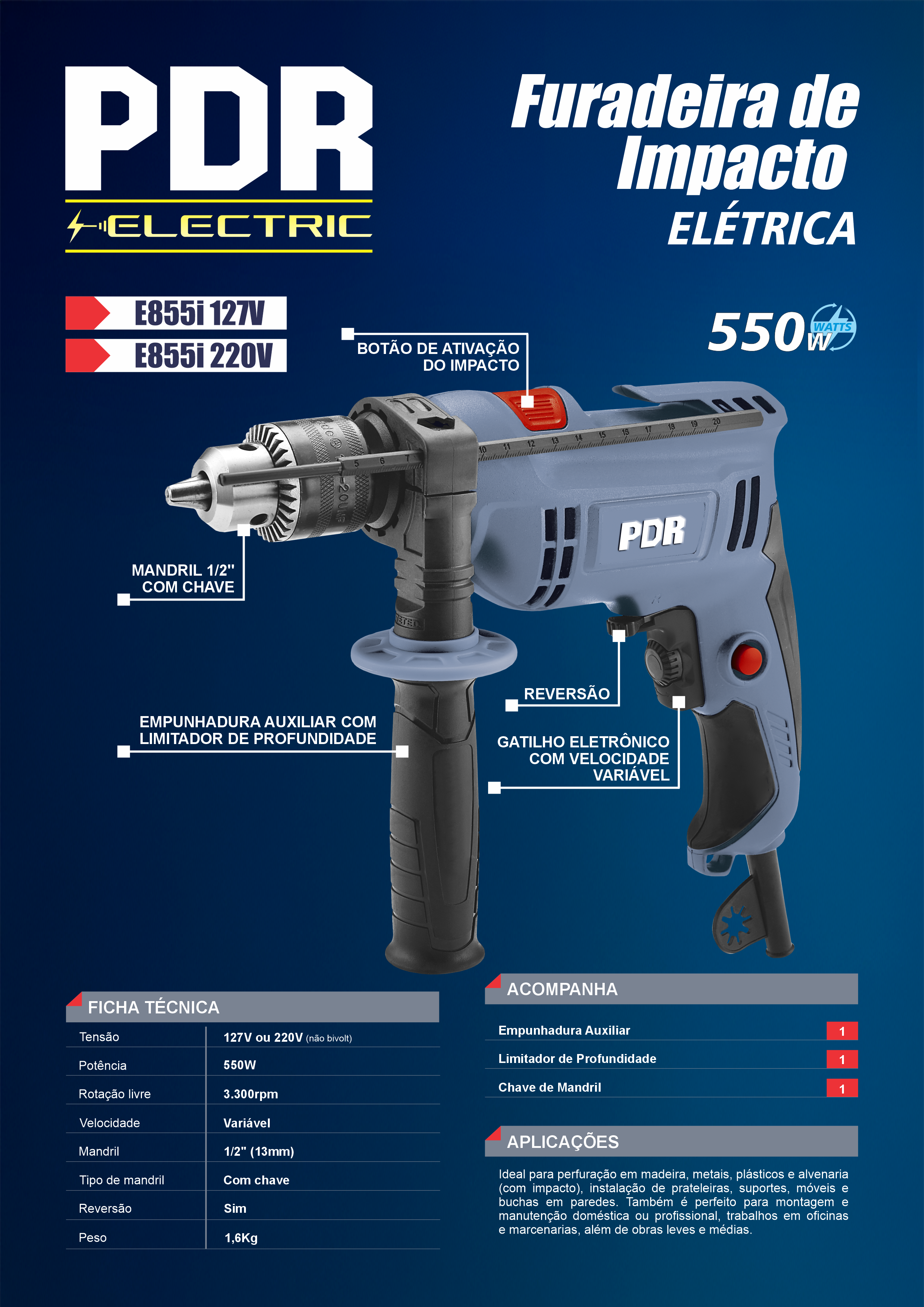 Furadeira de Impacto Elétrica E855i — 550W, 3.300 rpm, Mandril 1/2"