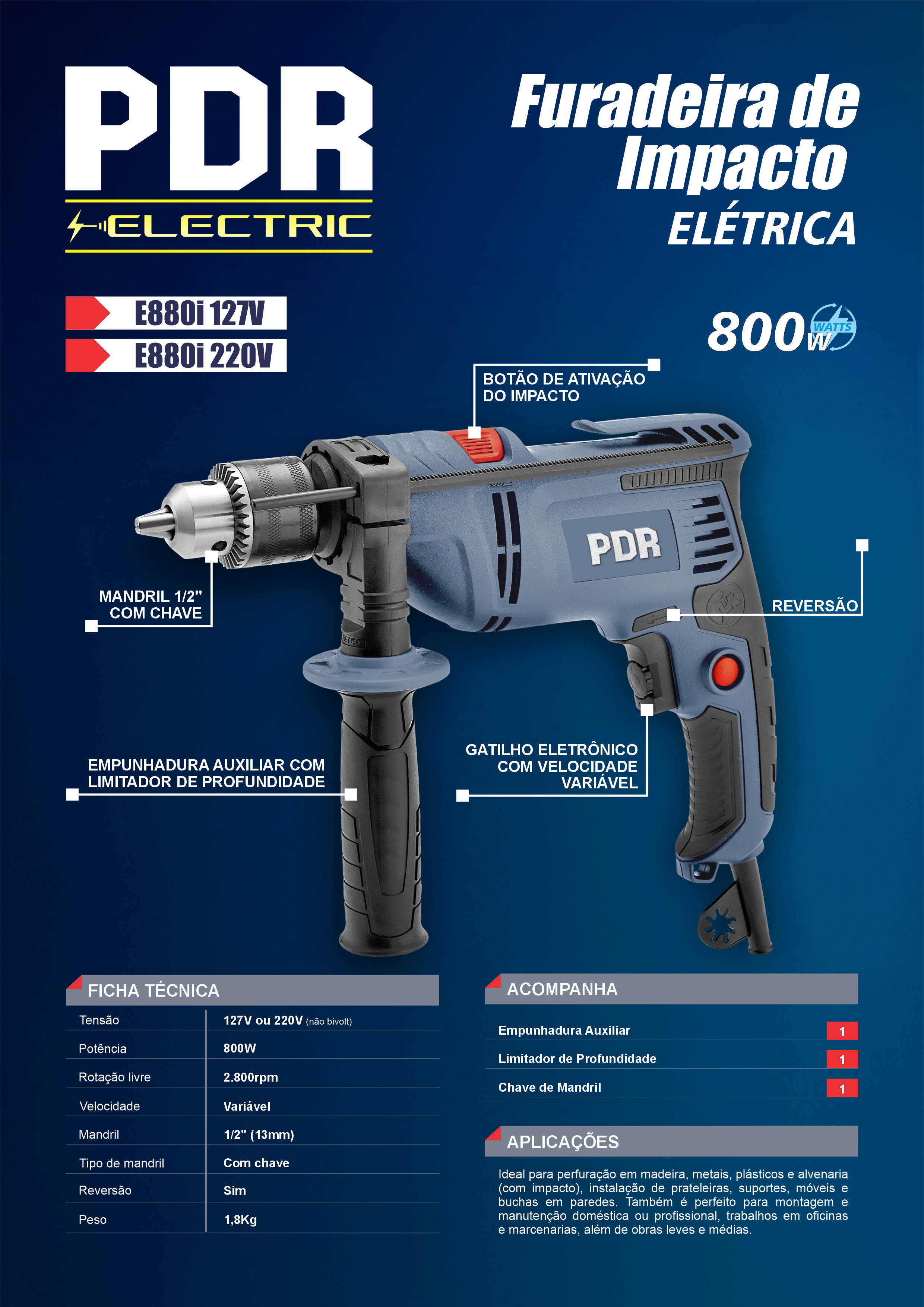 Furadeira de Impacto Elétrica E880i — 800W, 2.800 rpm, Mandril 1/2"