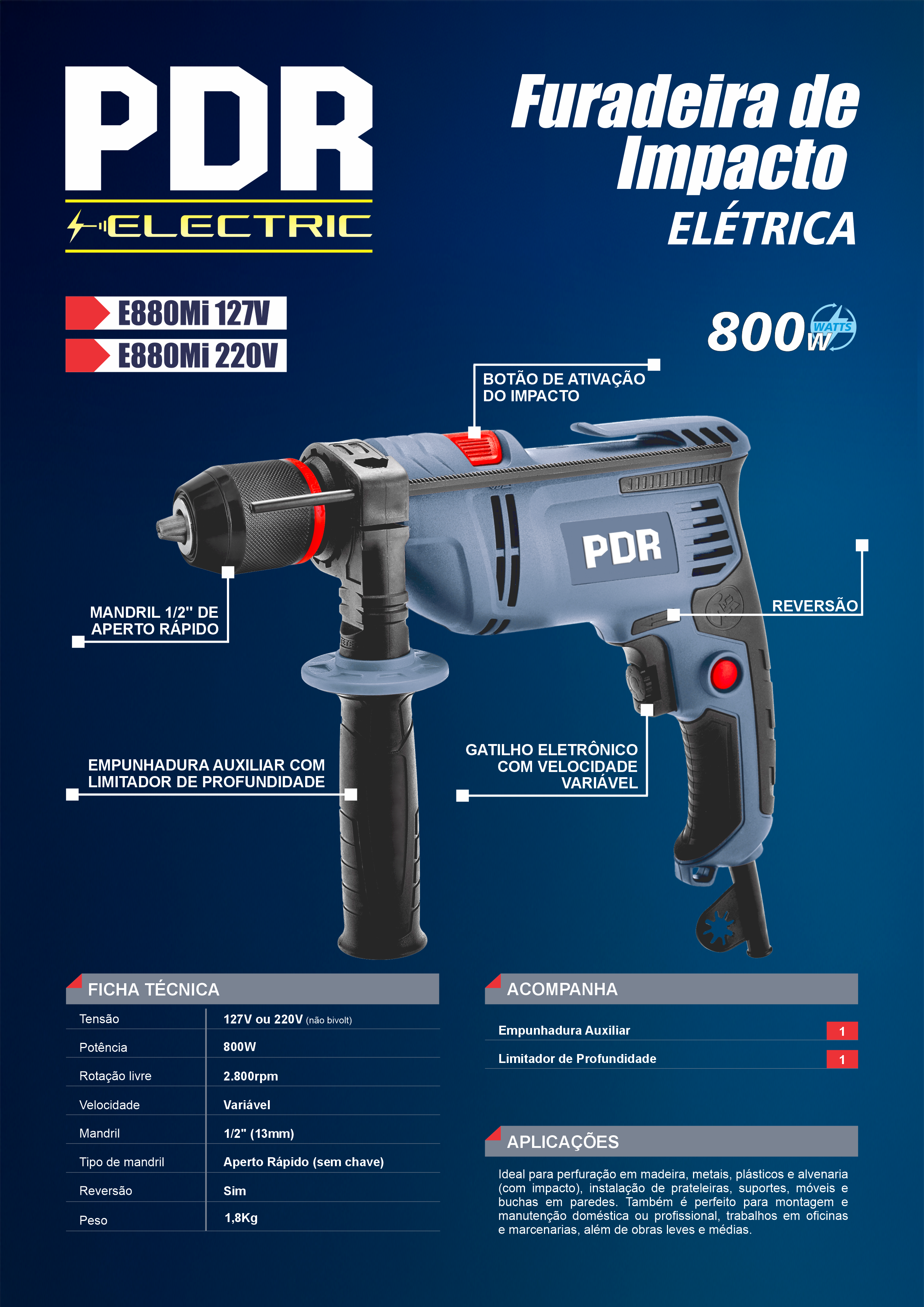 Furadeira de Impacto Elétrica E880Mi — 800W, Mandril 1/2" aperto rápido