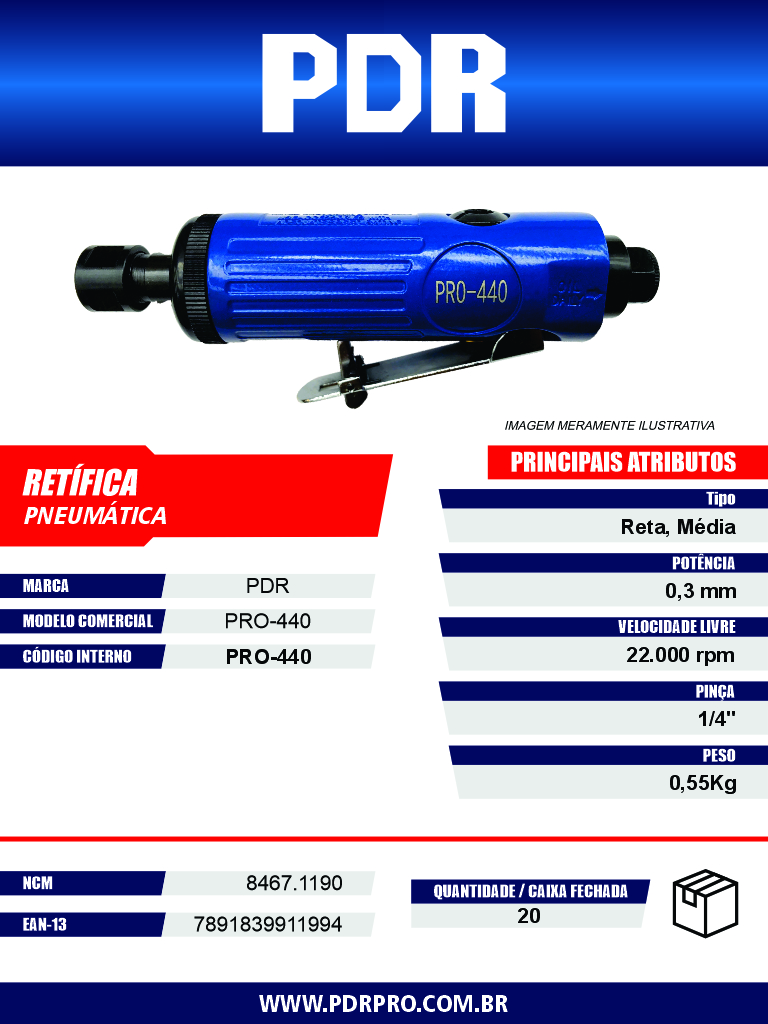 Retífica Pneumática PRO-440 — Reta, 4.000 rpm