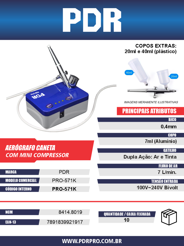 Kit Aerógrafo + Mini Compressor PRO-571K — Bico 0,4mm