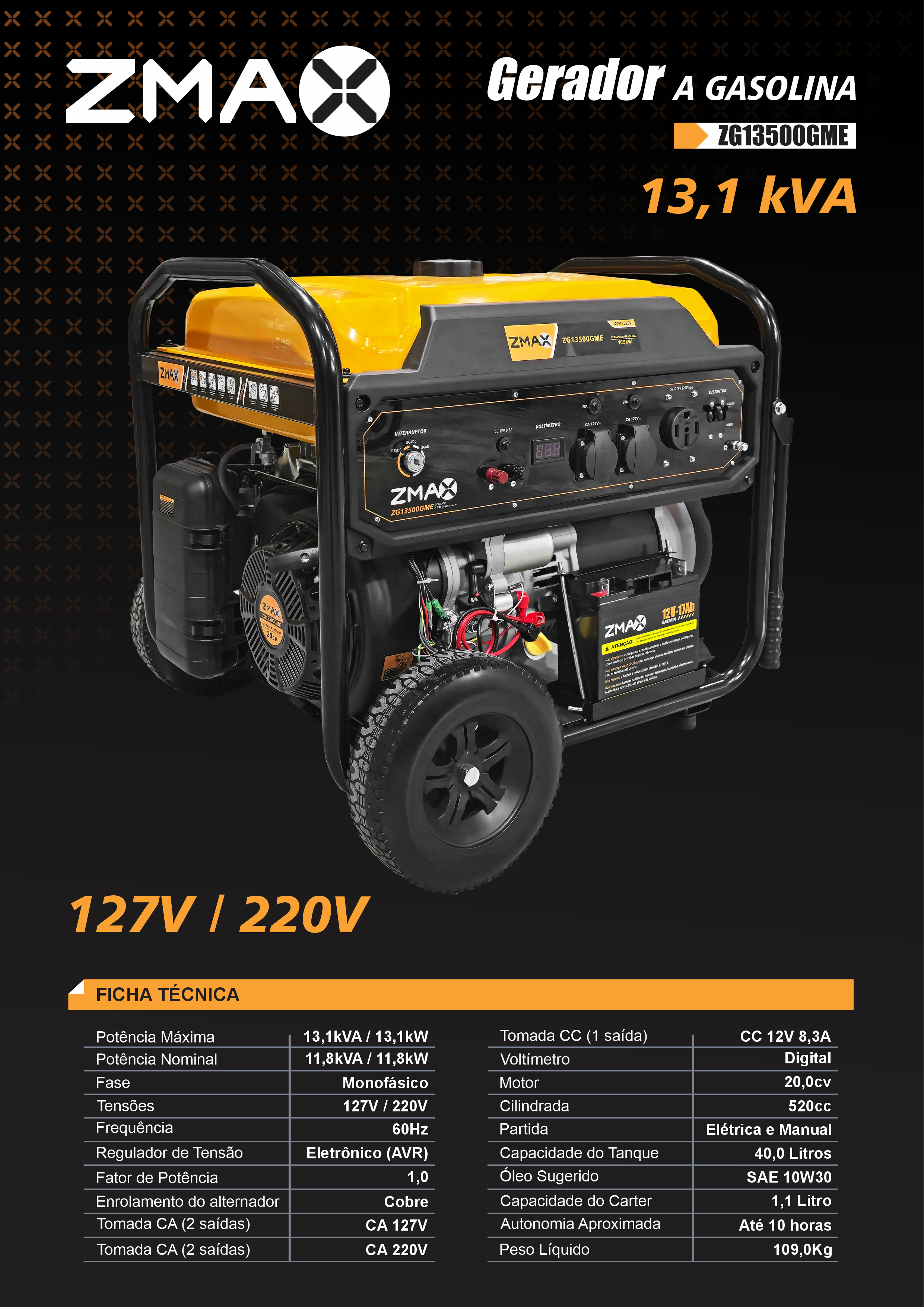 Gerador a Gasolina ZG13500GME — 13,1 kVA, 127V/220V, partida elétrica