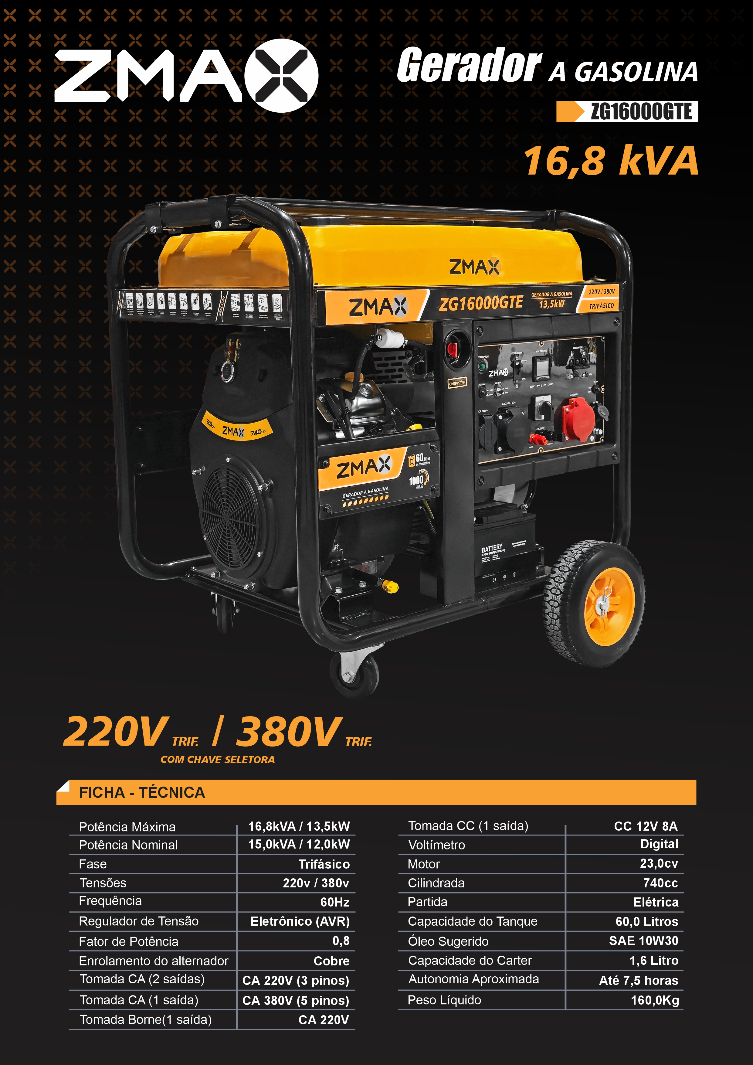 Gerador a Gasolina ZG16000GTE — 16,8 kVA, 220V/380V Trifásico, partida elétrica