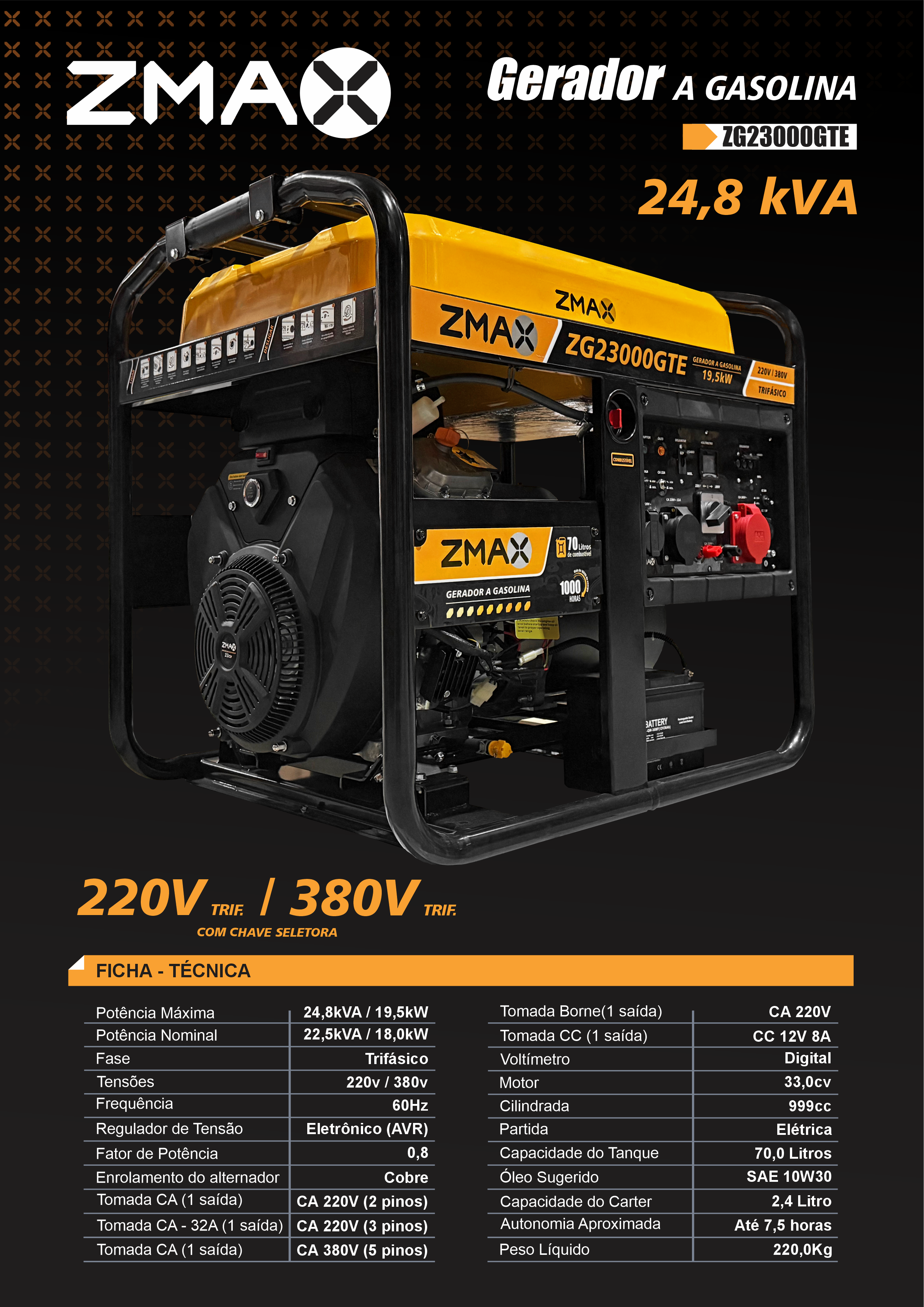 Gerador a Gasolina ZG23000GTE — 24,8 kVA, 220V/380V Trifásico, partida elétrica