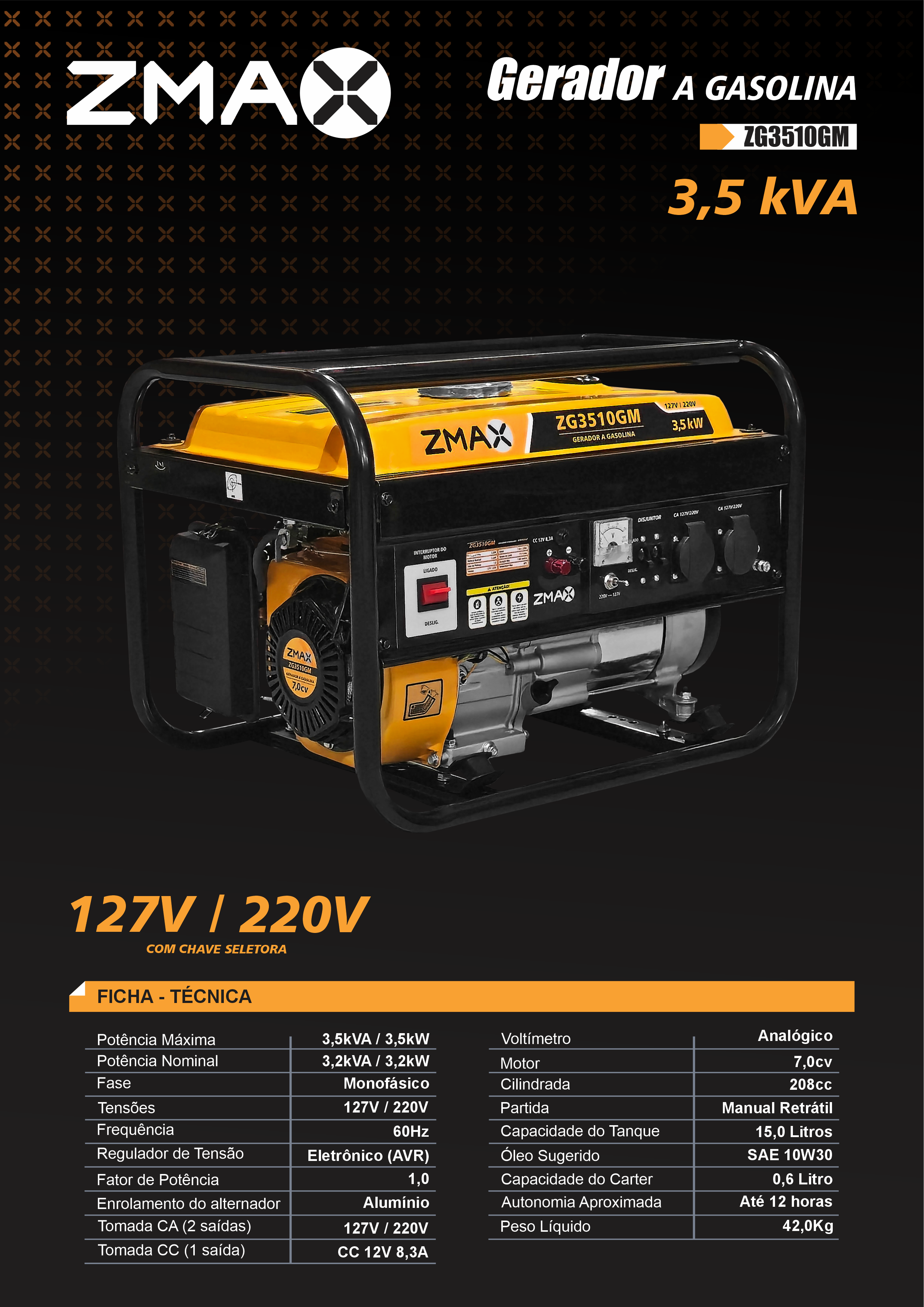 Gerador a Gasolina ZG3510GM — 3,5 kVA, 127V/220V bivolt, 7,0cv
