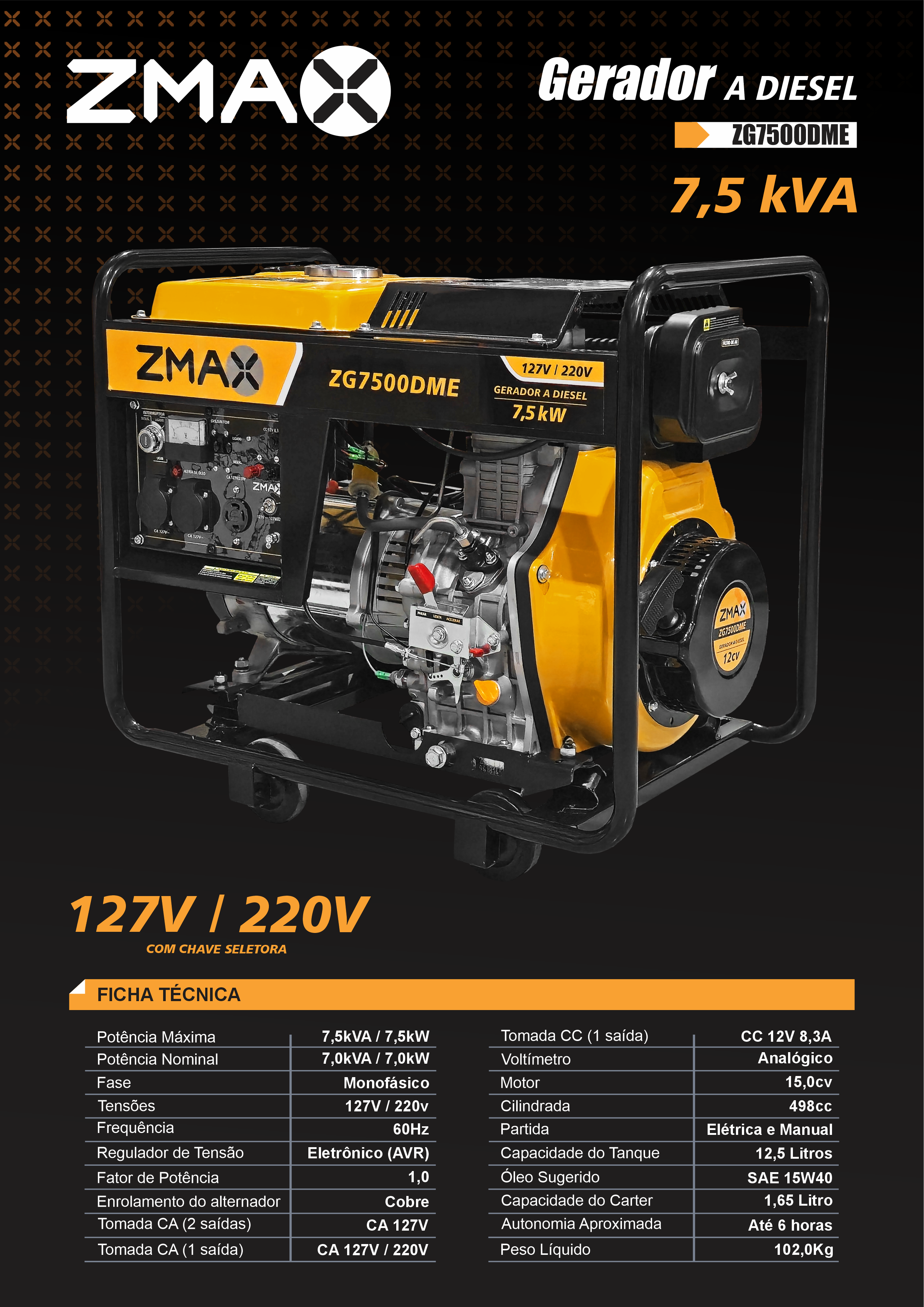 Gerador a Diesel ZG7500DME — 7,5 kVA, 127V/220V bivolt, NEMA 50A, partida elétrica