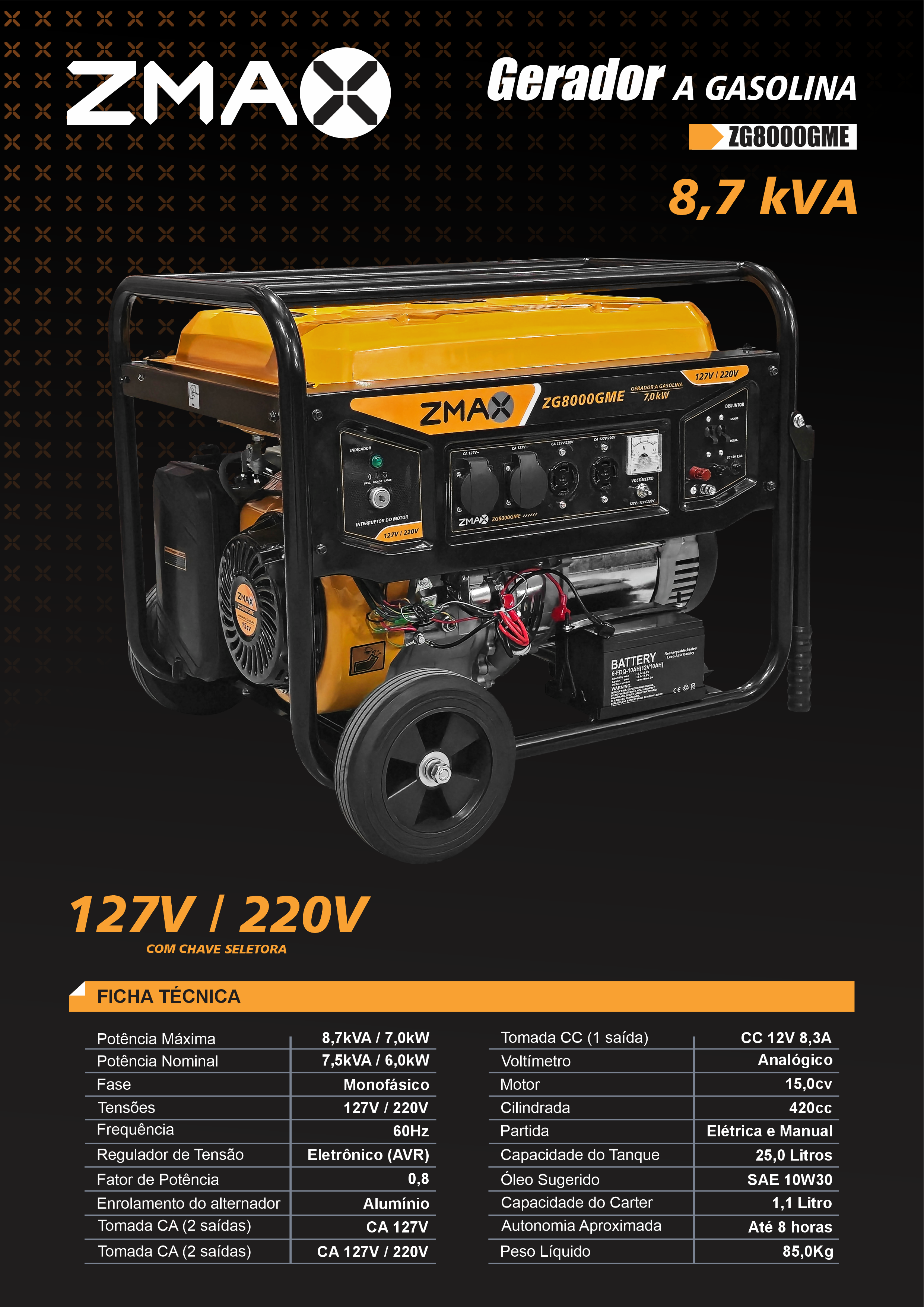 Gerador a Gasolina ZG8000GME — 8,7 kVA, 127V/220V, partida elétrica, 15,0cv