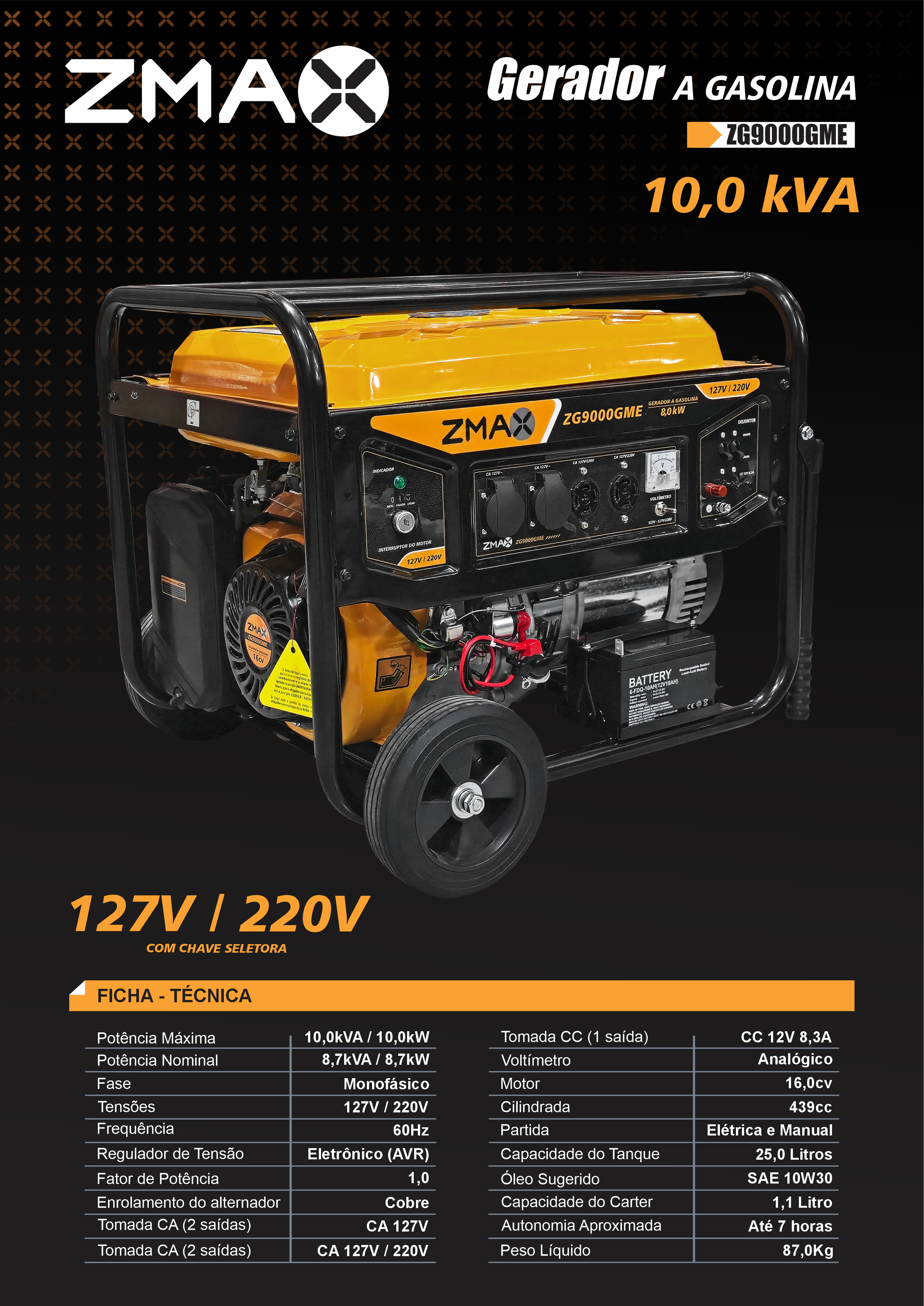 Gerador a Gasolina ZG9000GME — 10,0 kVA, 127V/220V, partida elétrica
