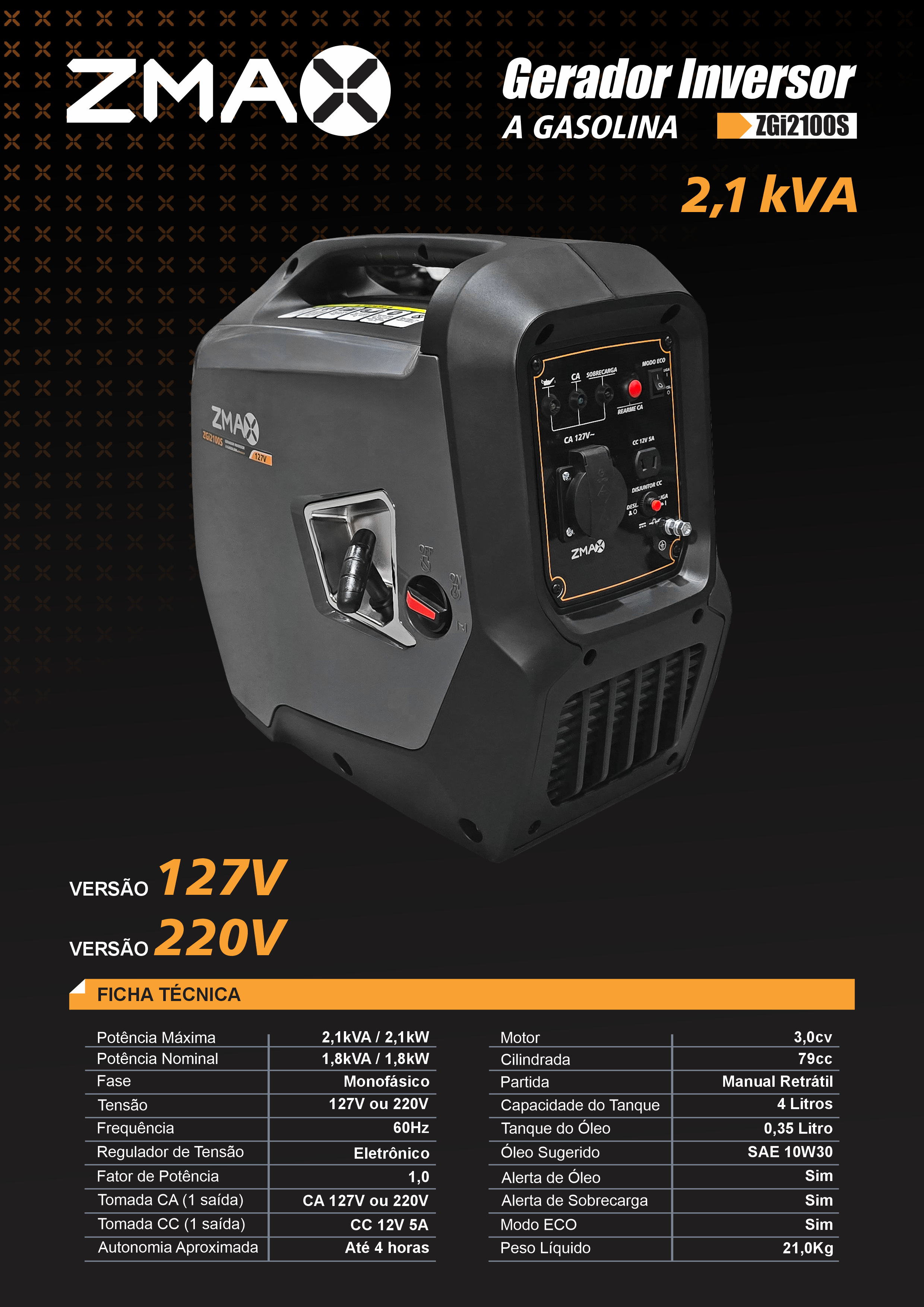 Gerador Inversor a Gasolina ZGi2100S — 2,1 kVA, 127V ou 220V, monofásico