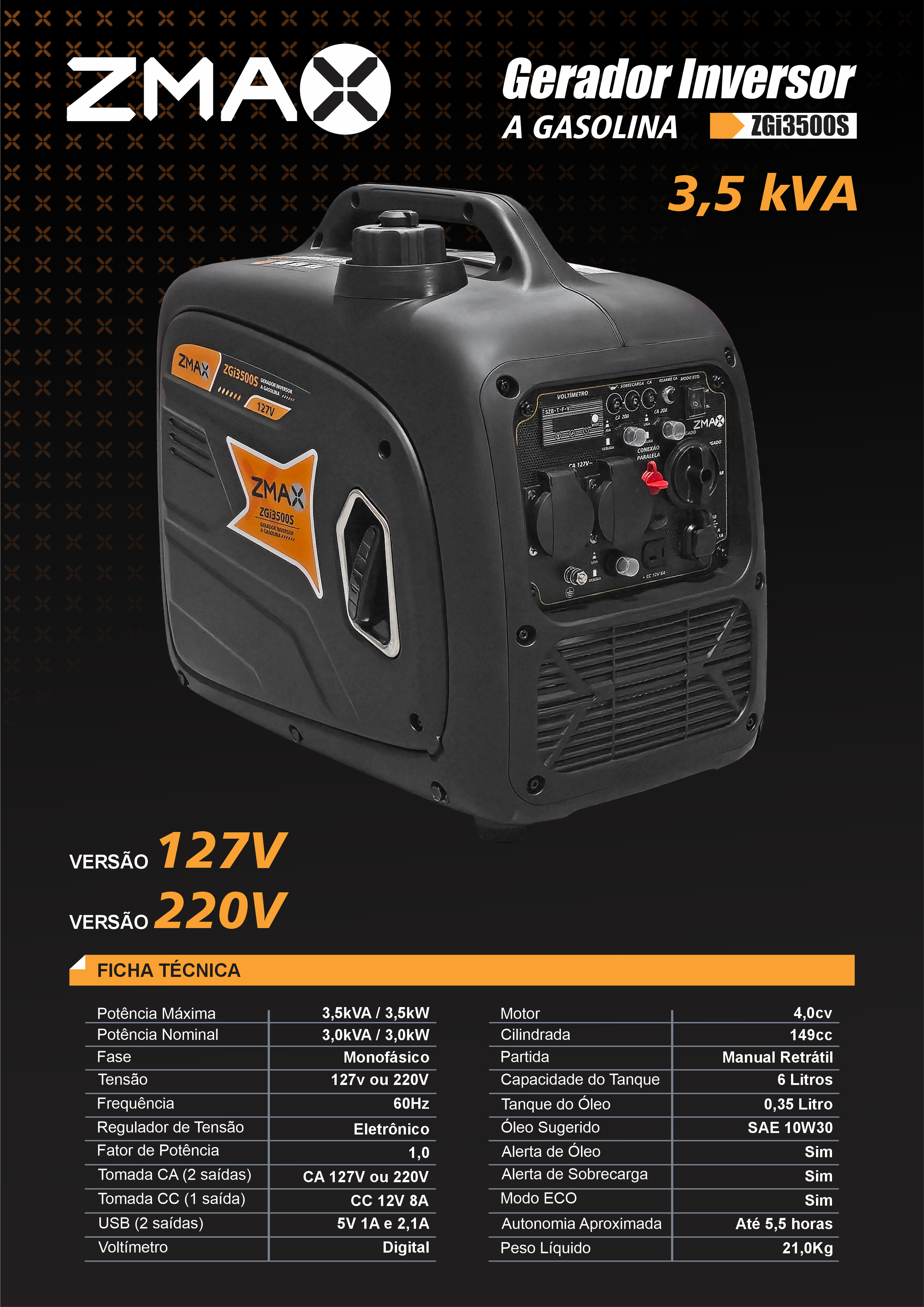 Gerador Inversor a Gasolina ZGi3500S — 3,5 kVA, 127V ou 220V, USB