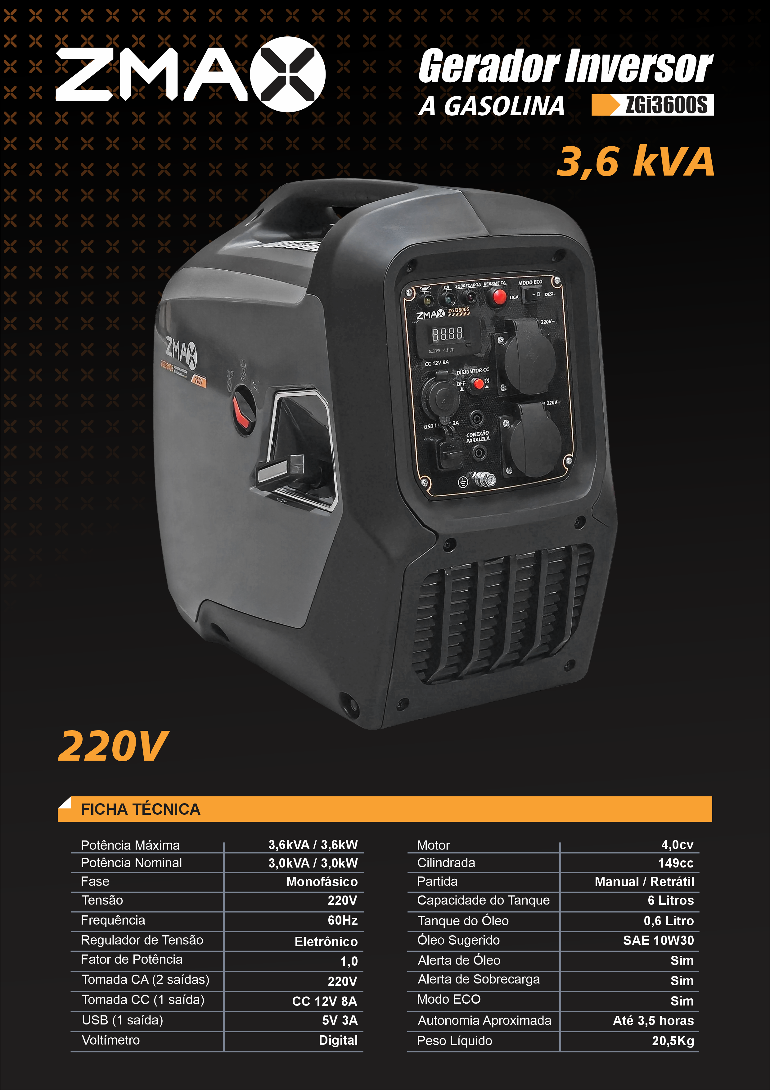 Gerador Inversor a Gasolina ZGi3600S — 3,6 kVA, 220V