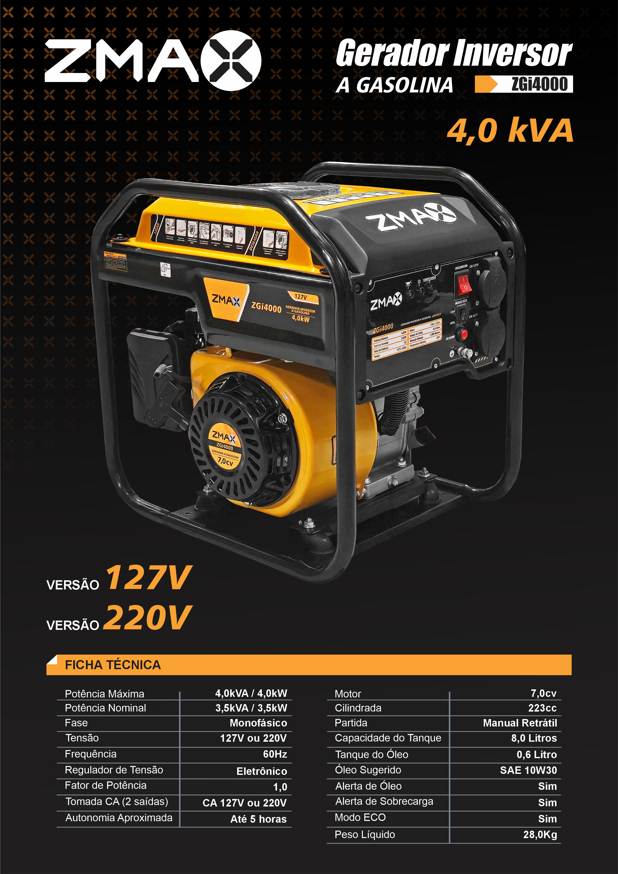 Gerador Inversor a Gasolina ZGi4000 — 4,0 kVA, 127V ou 220V