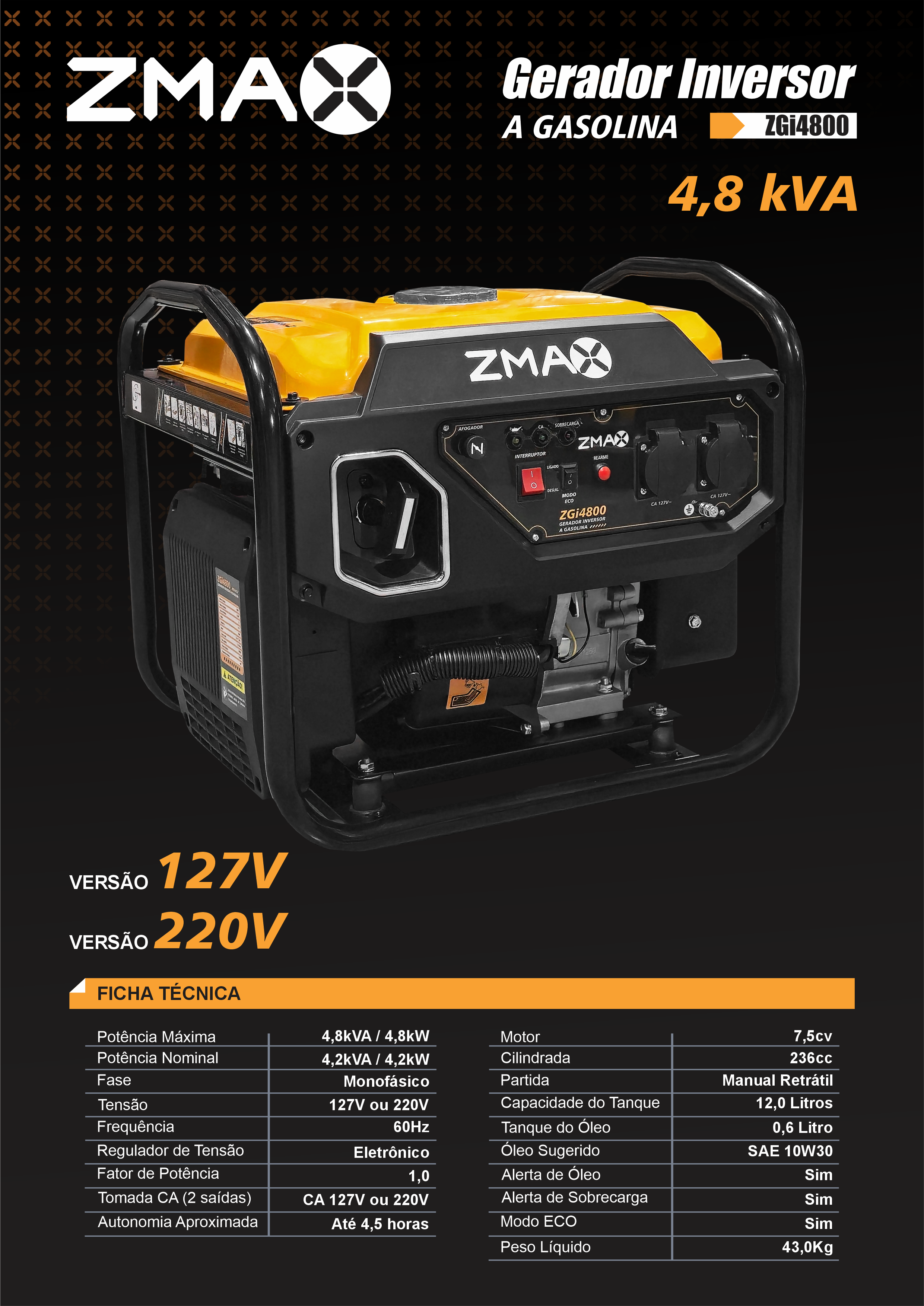 Gerador Inversor a Gasolina ZGi4800 — 4,8 kVA, 127V ou 220V