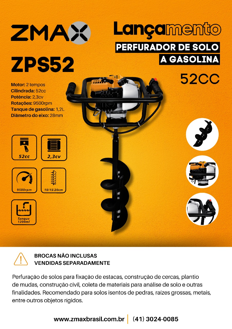 Perfurador de Solo a Gasolina ZPS52 — 2T, 2,3cv, 52cc, guidão simples