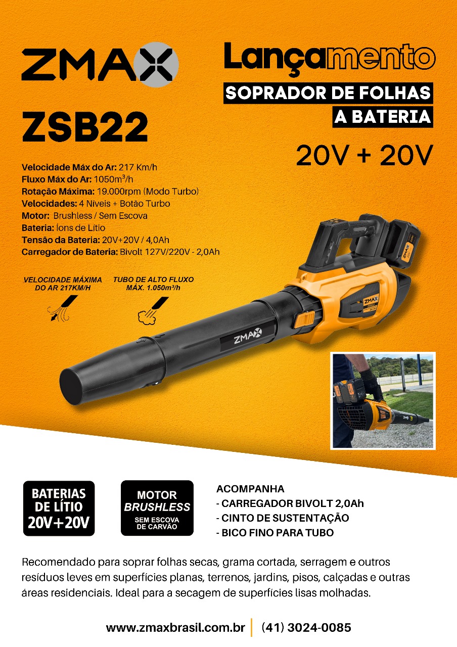 Soprador de Folhas a Bateria ZSB22 — Brushless, 2x 20V 4,0 Ah, 217 km/h