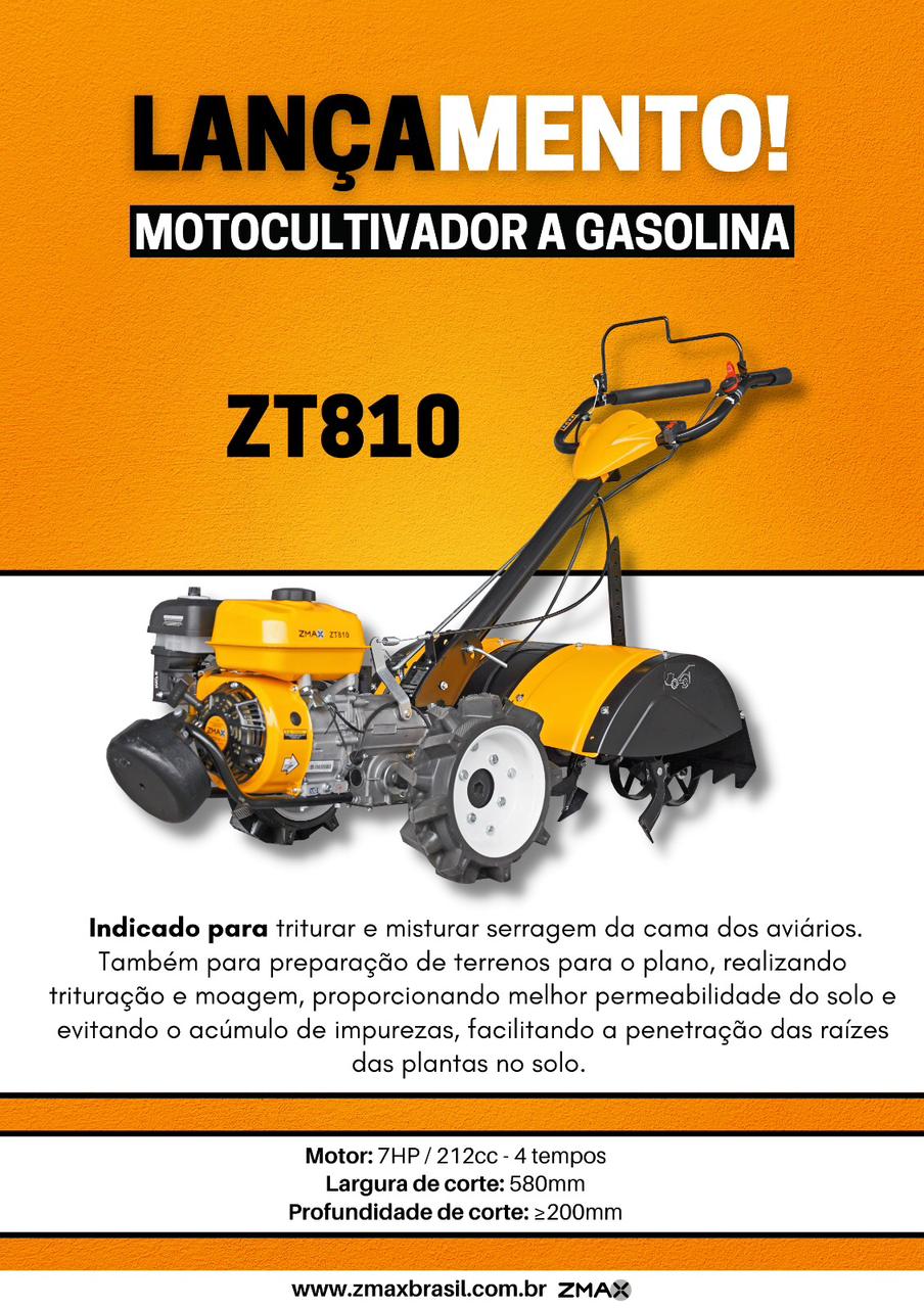 Motocultivador a Gasolina ZT810 — 7cv 4T, largura 58cm, transmissão por engrenagens